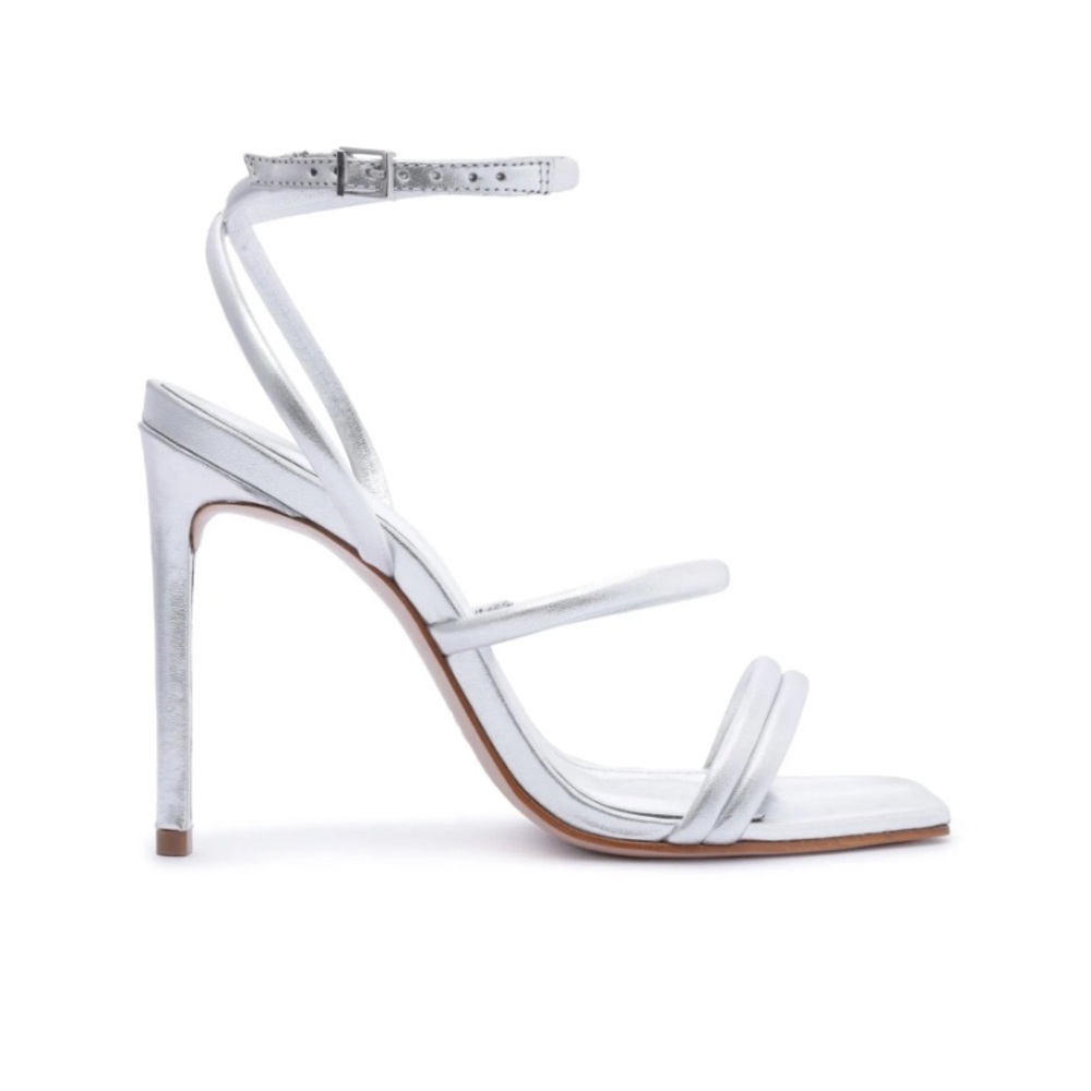 SCHUTZ Silver Strappy Heels Nylla Casual Metallic Leather Sandal 6.5